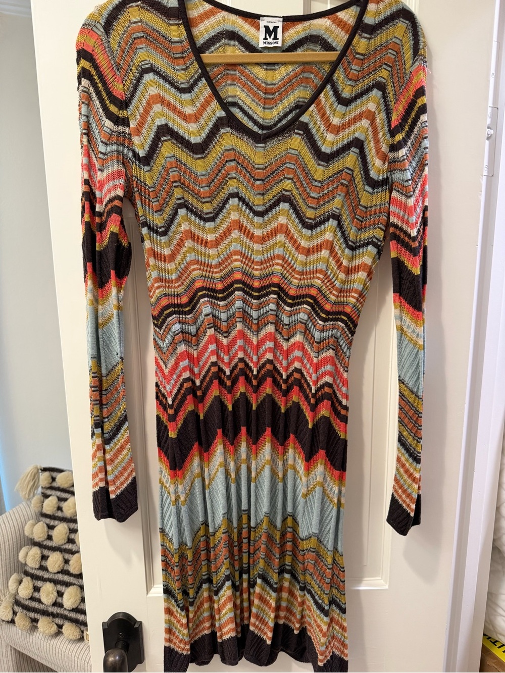 Missoni Multicolor Chevron Midi Dress — Coral, Mustard, Black & Sky Blue